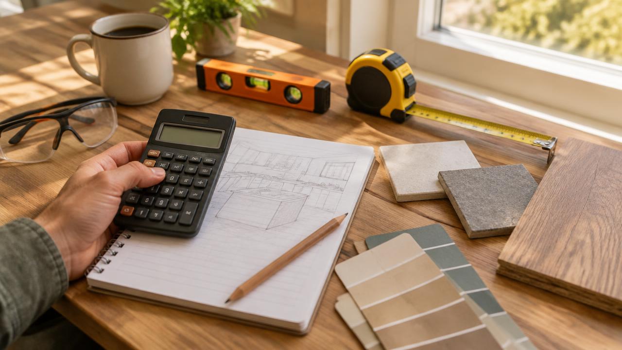 Renovation measurements and material samples on a workbench